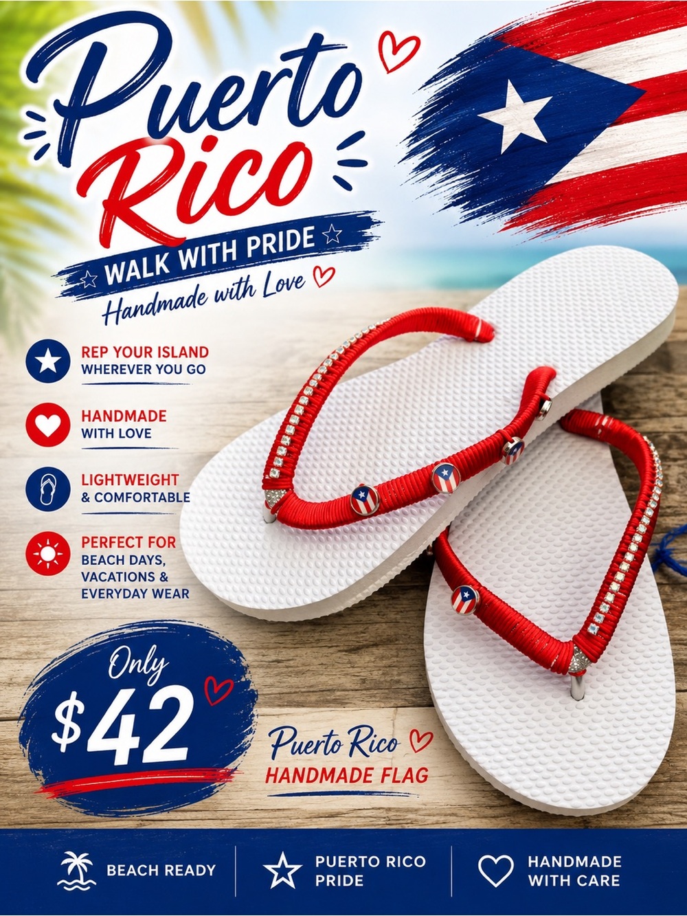🩷. S-01. Puerto Rico Flag Handmade Flip Flops - White & Red
